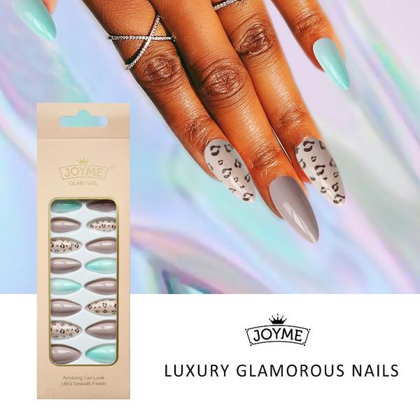 

false nails 24pcs butterfly leopard marble style almond shape detachable long full cover fake art tip diy manicure decor, Red;gold