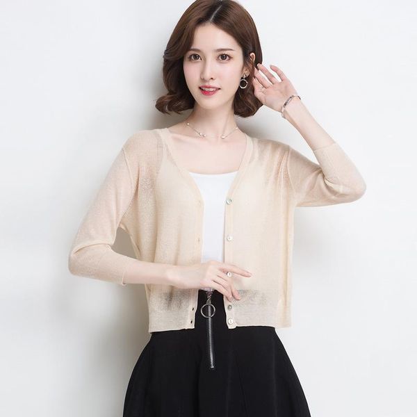 

women's blouses & shirts summer knitted shirt women pure color v collar single-breasted loose three-quarter sleeve thin air conditionin, White