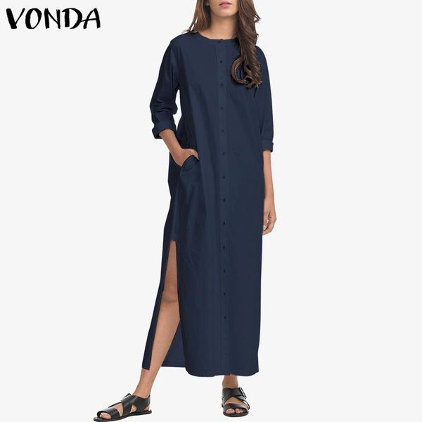 

casual dresses vintage long vonda autumn ankle-length shirt dress 2021 women pockets buttons sleeve split vestidos 5xl, Black;gray