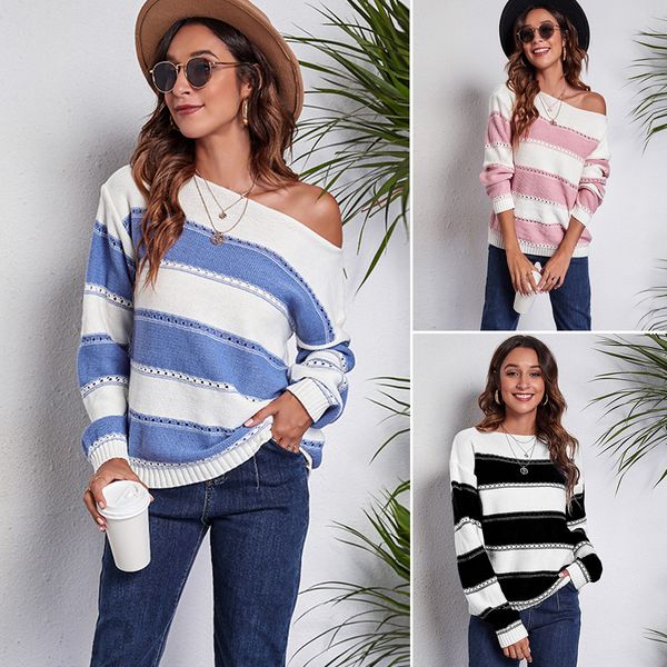 

european american new women's knits & tees slash neck striped matching long sleeve knitted sweater loose autumn winter clothing, White