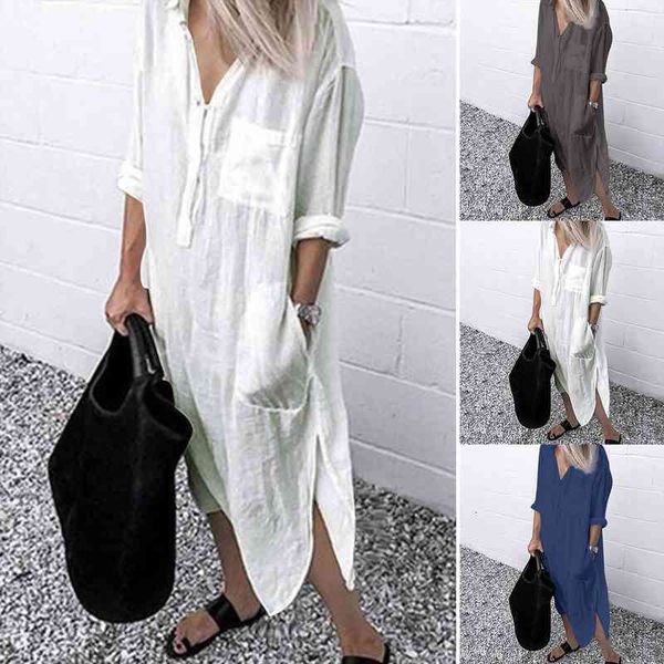 

long summer dress women linen sundress v-neck solid color slit pocket button shirt loose dress holiday beach party sundress, Black;gray