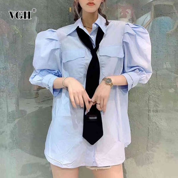 

vgh korean patchwork tie shirt for women lapel puff sleeve back hollow out casual blouse female fashion new clothing tide 210421, White