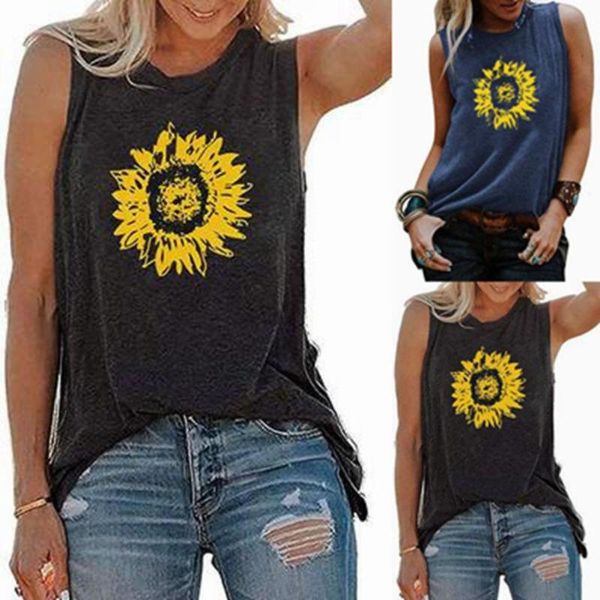 

women's tanks & camis women summer vest o neck sleeveless sunflower print loose t-shirt graphic female printed flower, White