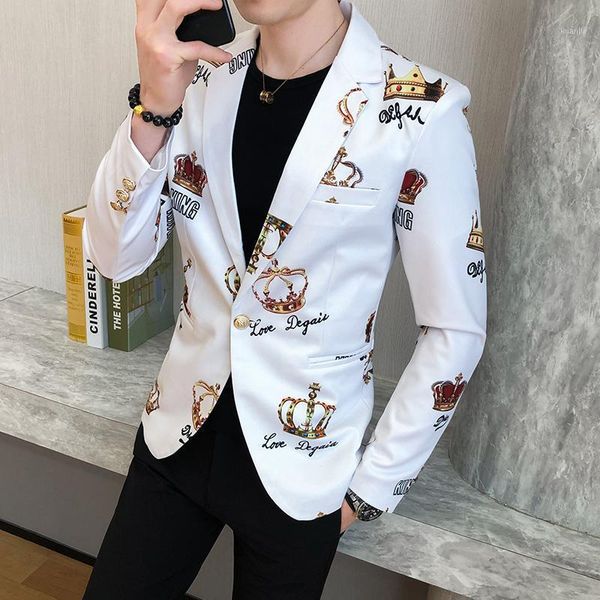 

men's suits & blazers luxury crown printed men casual suit jacket wedding business slim blazer masculino street wear social coat costum, White;black