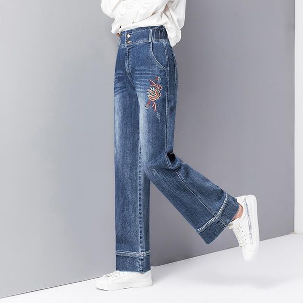 

straight jeans woman high waist boyfriend for women denim plus size 2021 spring summer washed blue cotton elastic women's