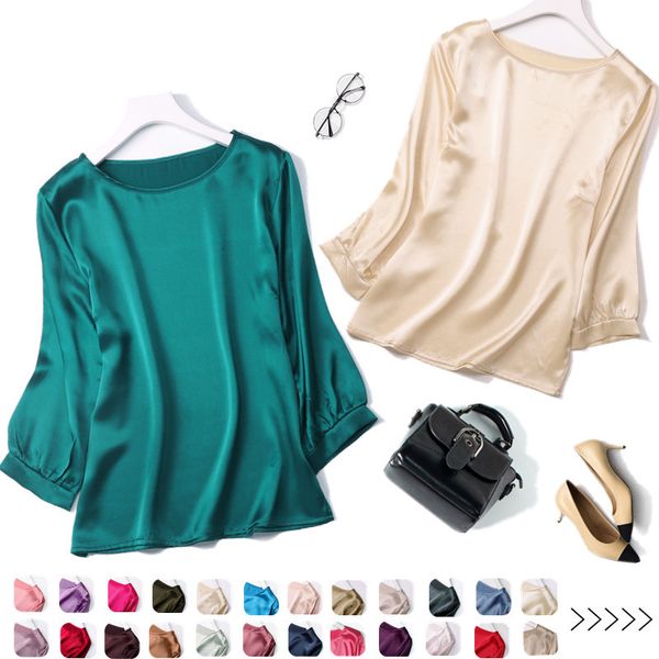 

t shirt women's 100% mulberry heavy satin silk half sleeve crew neck blouse shirt solid colors l xl jn008, White