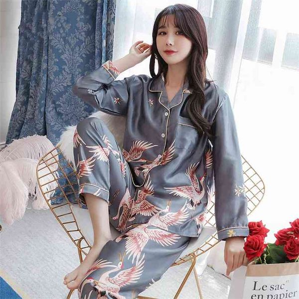 Pijamas seda PJS para mulher cetim pijama pijama conjunto de manga longa casual sleepwear nightwear confortável animal loungewear 210809