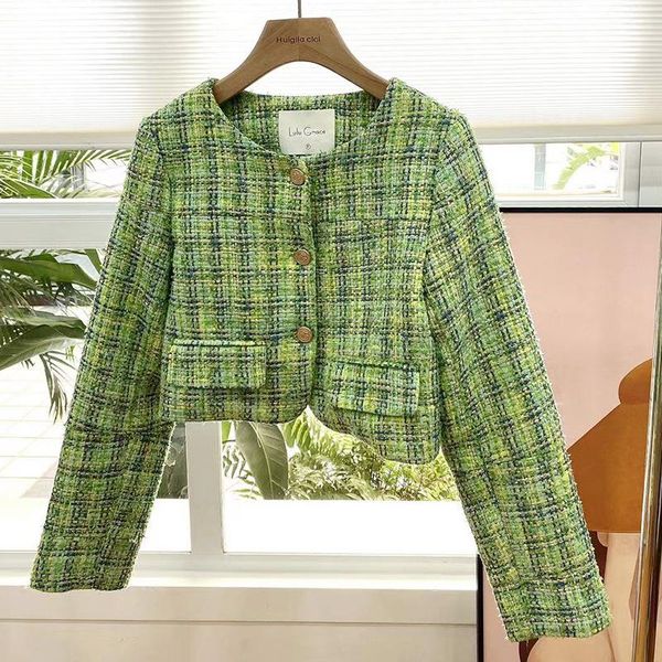 

women's jackets 5601 autumn french elegant short tweed women weave green plaid retro thin o-neck golden button female outerwear trend, Black;brown