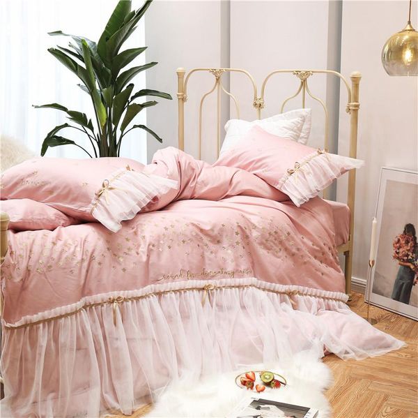 

bedding sets luxury princess style pink blue stars embroidery egyptian cotton girl set lace edge duvet cover sheet bed pillowcases