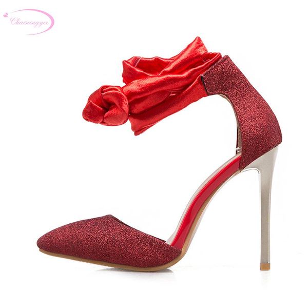 

chainingyee party style pointed toe summer sandals fashion ankle strap red gold silver high-heeled thin with women's shoes, Black