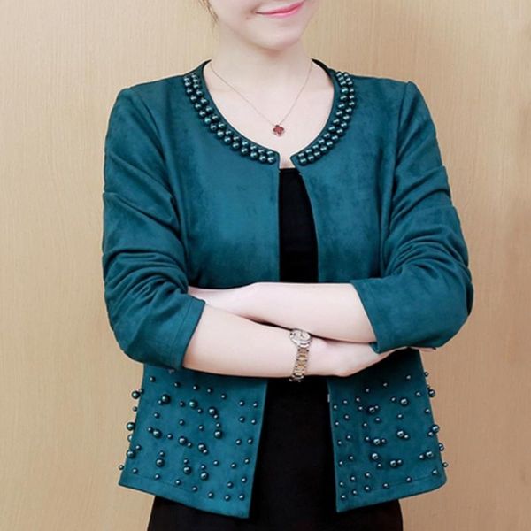 

women's jackets fashion beaded o-neck jacket large size long-sleeved, Black;brown