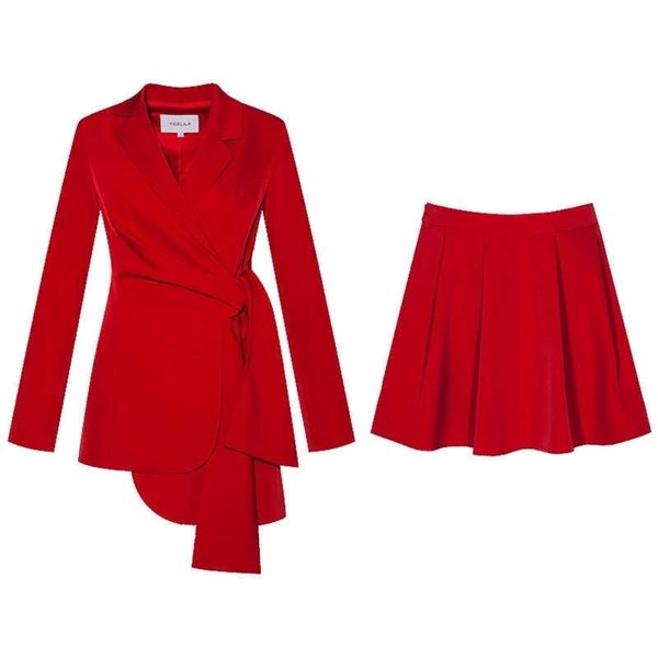 [EVQ] Темперамент элегантный тонкий профессиональный костюм платье из двух частей высокая талия повседневная дама одежда красная партия пальто 220302