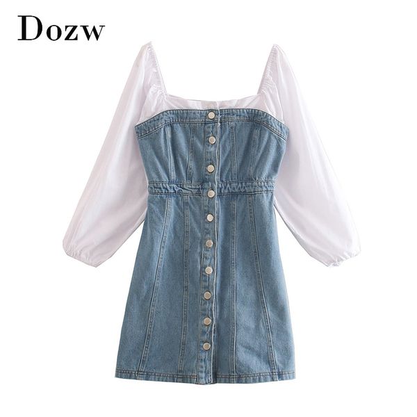 

high street jeans patchwork mini dress women lantern long sleeve button up dresses square collar a line chic party dress 210414, Black;gray