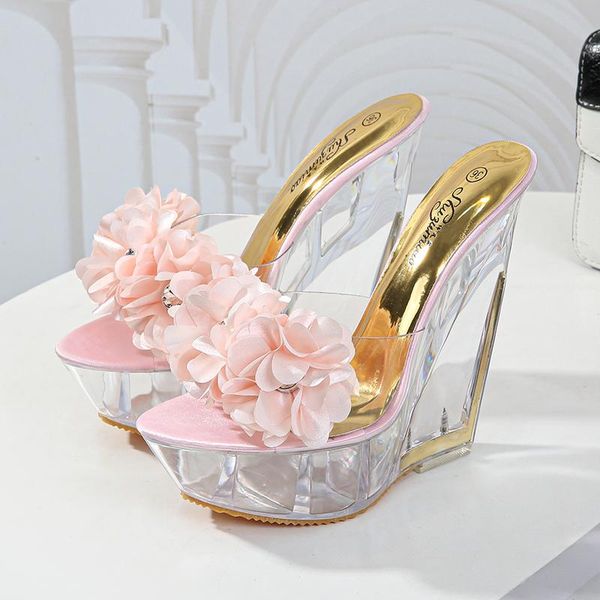 

sweet flower wedges platform sandals for women 2021 high heels summer slippers female crystal heel peep toe shoes ws334, Black
