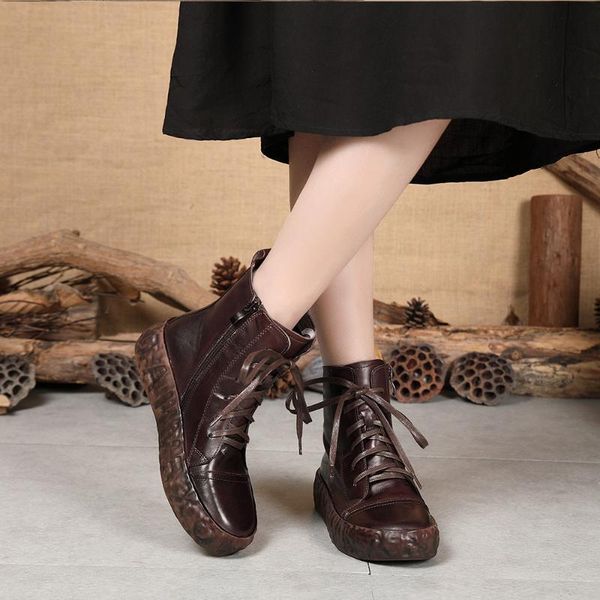 

boots anance spring literary retro wild hand-made leather comfortable flat bottom women's shoes, Black