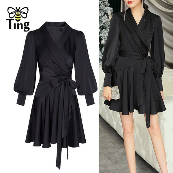 

vintage v neck party dinner dresses elegant wrap arround ruffles dress frocks for women aesthetic short za 210513, Black;gray