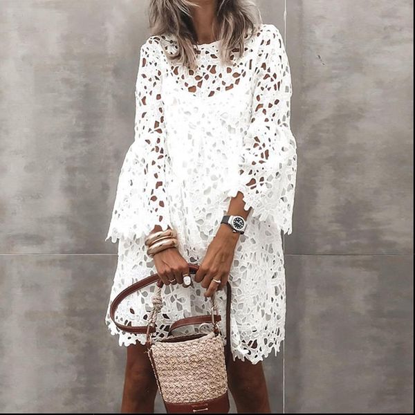 

women dress hollow out lace flared sleeve ruffles spring summer casual white loose two pieces mini dresses party vestidos, Black;gray