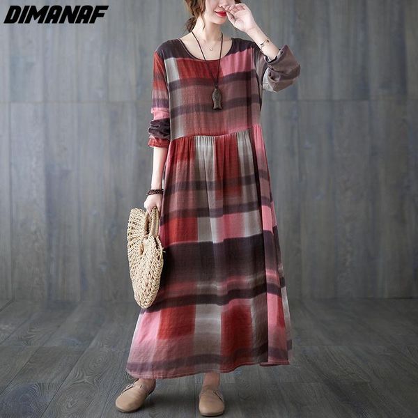 

casual dresses dimanaf autumn winter women clothing cotton dress oversize elegant lady loose maxi long sleeve vintage plaid red, Black;gray