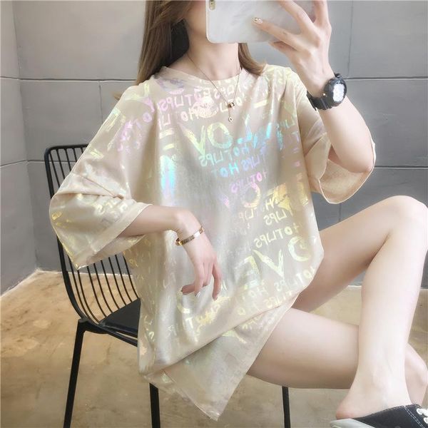 

women's t-shirt summer women glittering letters short-sleeved half-sleeved girls harajuku loose all-match o-neck woman tshirts, White