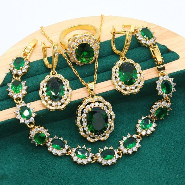 

earrings & necklace wedding gold color jewelry sets for women birthday green zircon bracelet pendant bride ring gift box, Silver