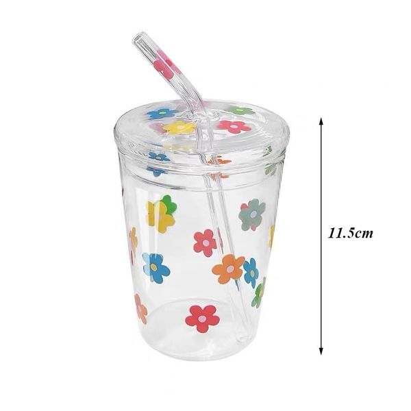 

wine glasses high borosilicate glass colorful flower coffee mug with straw and lid creative transparent drinking milk tea cups drinkware