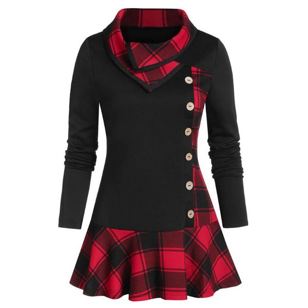 

women's t-shirt plus size for women casual patchwork tshirt cowl neck long sleeve t shirt plaid buttons female, White