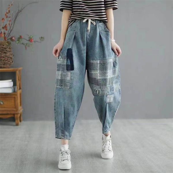 

spring arts style women elastic waist loose jeans letter print patchwork vintage denim harem pants plus size v298 210512, Blue