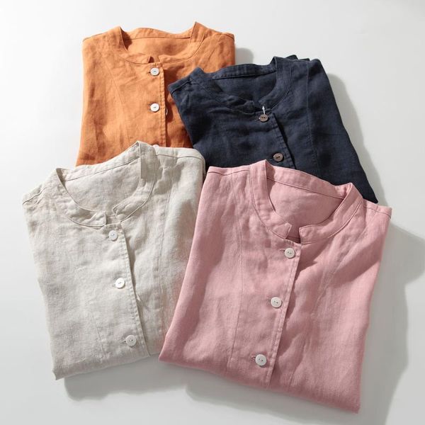 

women's blouses & shirts pure linen comfortable loose shirt chinese stand collar long sleeve thin coat autumn 2021 female 375, White