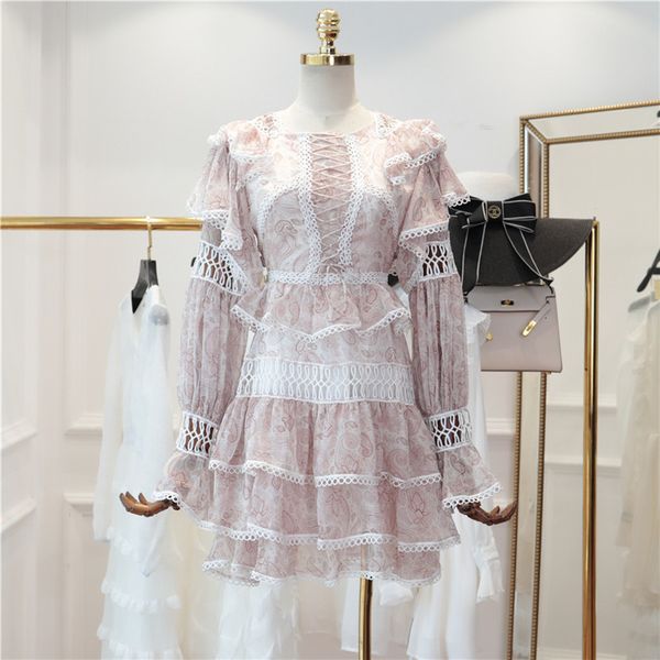 

pink fashion summer women hollow out bandage back lace split cascading ruffles casual short mini long sleeve, Black;gray
