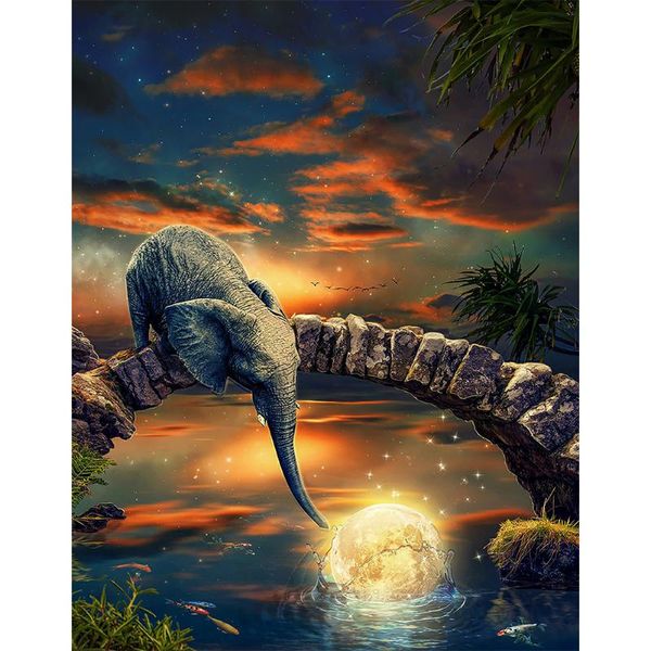

diamond painting 5d diy full drill round elephant catch moon embroidery mosaic kit home decor for bead art wall gift