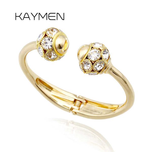 

kaymen double rhinestones balls cuff nail bangle for women golden or silver plated crystal bangle fashion bracelet 2 colors q0717, Black