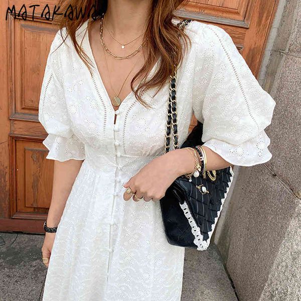 

edging single breasted robe v-neck midi dresses three-dimensional lace crocheted vestidos slim waist puff sleeve dress women 210513, Black;gray