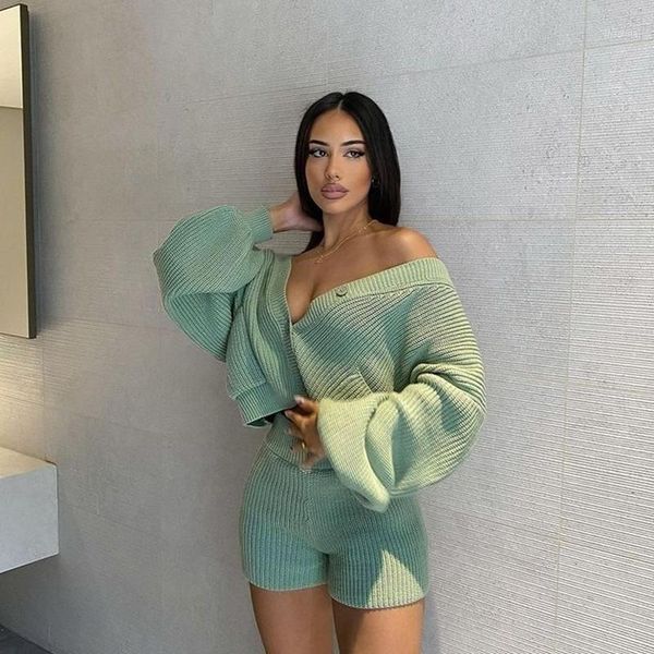

women's tracksuits hovanch v-neck two piece set solid color knitted cardigan long sleeve sweater + straight shorts 2021 autumn fas, Gray