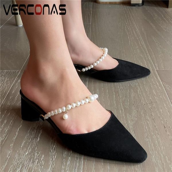 

women pearl mules slippers concise pointed toe heeled sandals basic shoes elegant summer woman, Black