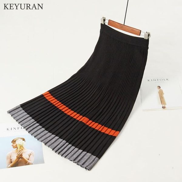 

skirts 2021 women knitted striped pleated skirt vintage fall winter color patch female high waist long ladies elegant midi, Black