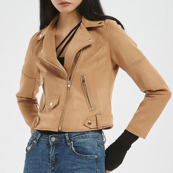 

women's leather & faux 2021 autumn winter women motorcycle soft suede jackets female punk short khaki matte streetwear coats clothes, Black