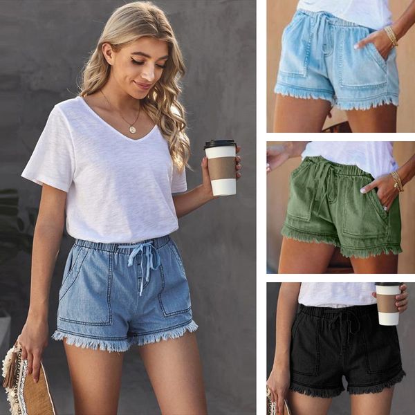 

women's shorts fashion solid color jeans drawstring elastic waist frayed hem casual summer daily with pockets, White;black