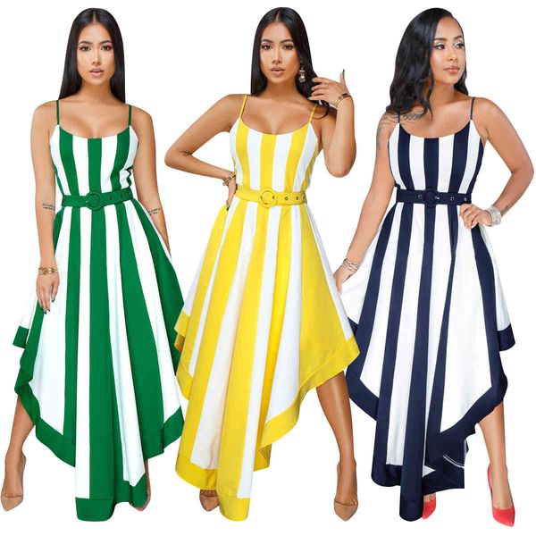 Frauen Sommerkleid gestreift unregelmäßige rückenfreie Swing Roben Mode Sexy Beachwear Urlaub weibliche Tuniken Casual Urlaub Kleidung 210416