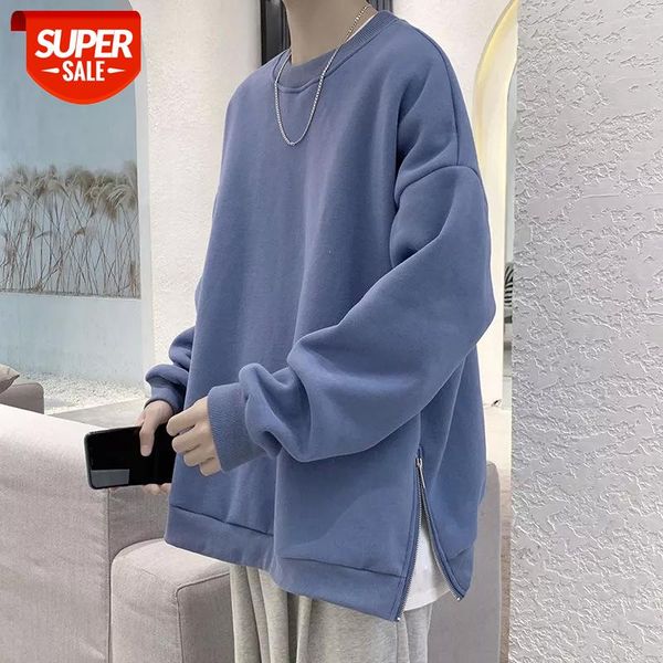 

2020 men's fashion cotton casual hoodies loose round neck coats solid color pullover side zipper decorate sweatshirts m-3xl #fn9x, Black