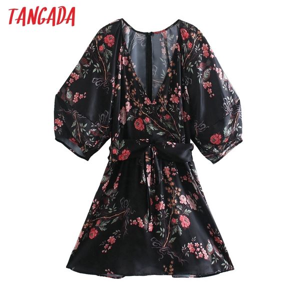 

women flowers print tunic v neck zipper ladies vintage mini dress vestidos 5z60 210416, Black;gray