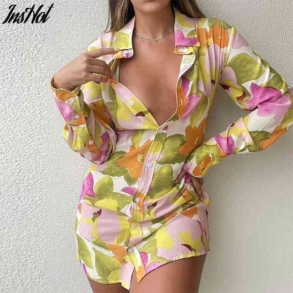 

floral print long sleeve shirt dress women v neck spring summer mini beach casual bodycon party dresses 210514, Black;gray