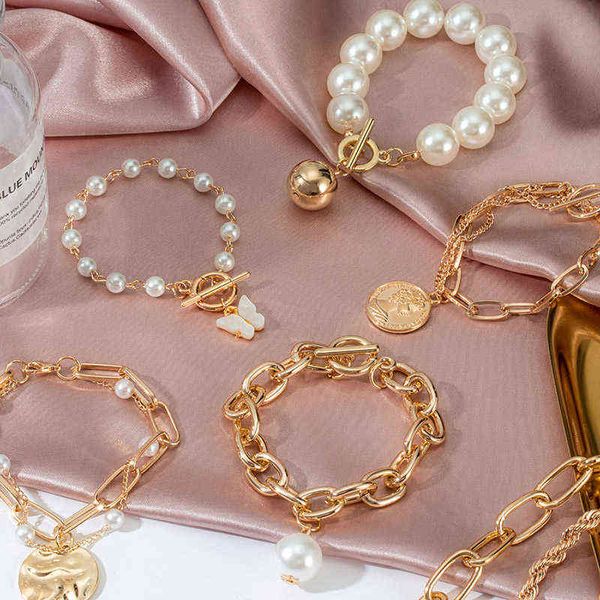 

punk 2021 gold color charm chain bracelets for women pearl coin butterfly alloy bangle fashion bohemian jjeewelry gift, Golden;silver