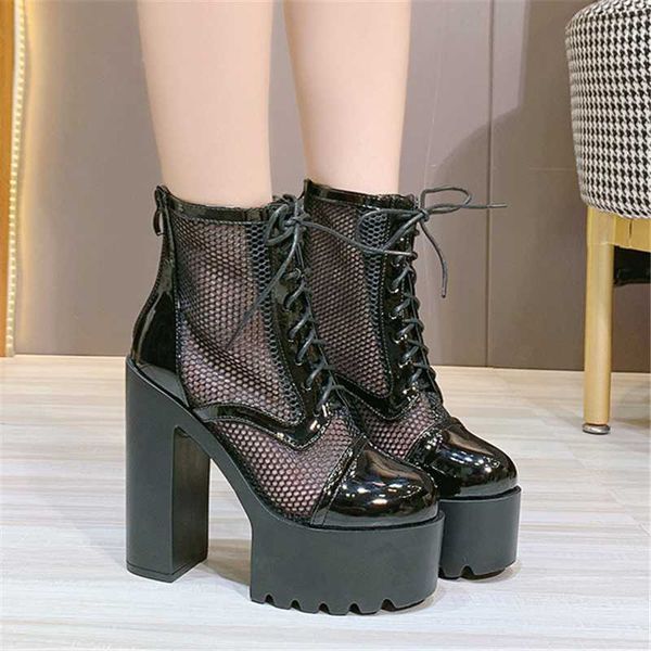 

fashion 2021 autumn women high heels 14cm platform anterior lace up leather and mesh short sandals boot black white ladies shoes boots