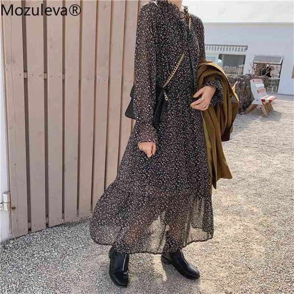 

autumn casual stand collar bownot women flare sleeve floral print slim waist a-line female chiffon dress 210416, White