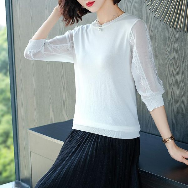 

women's blouses & shirts women summer spring lace sleeve knit elegant lady linen half, White