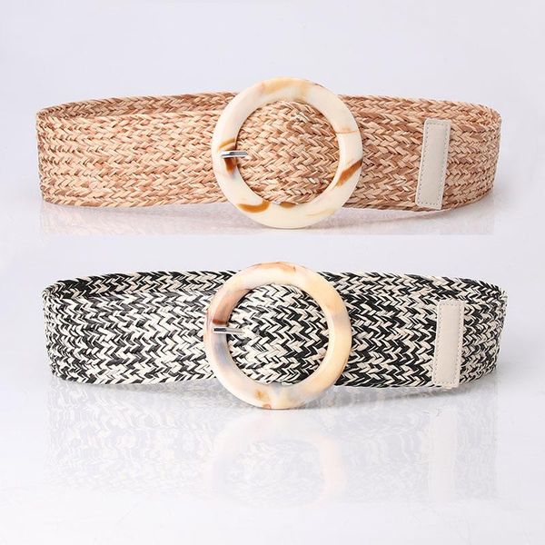 

belts bohemian wide straw buckle belt summer vintage round women knitted elastic for dress fashion fake waistband, Black;brown