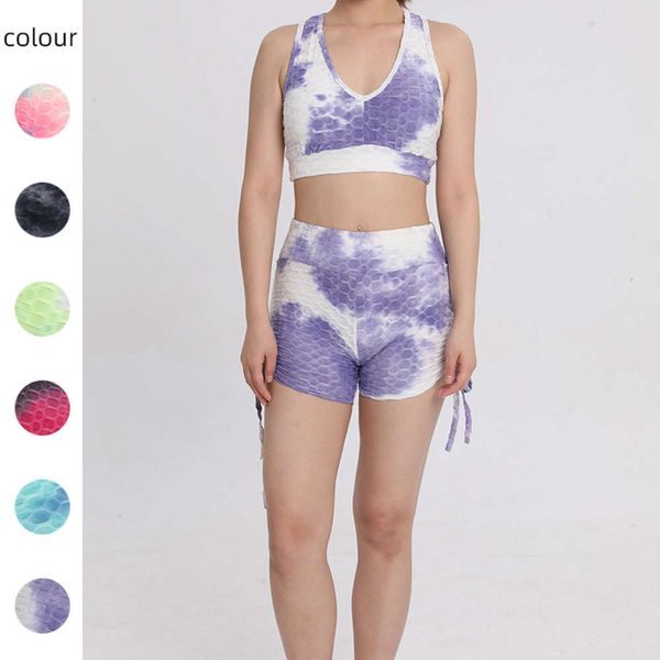 

bubble jacquard vest yoga multi color tie dyed shorts women's bra suit, Red;black