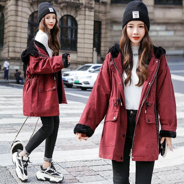 

women's down & parkas winter wear korean medium length loose drawstring denim wool cotton padded colorful thickened work clothes coat, Black