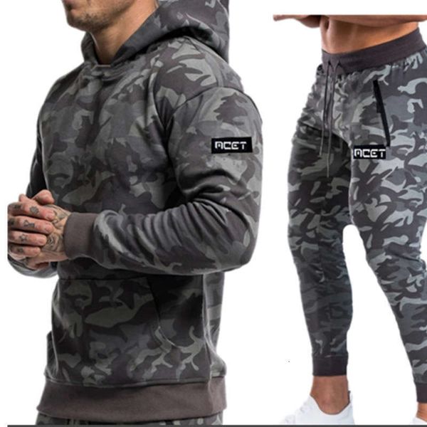 

season men's tracksuits muscle sports suit fitness outdoor running training camouflage 2-piece set, Gray