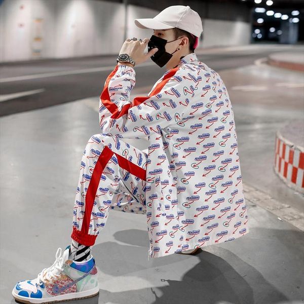 

sets hip hop printed jacket mens tracksuit and cargo pants streetwear 2 pieces fashion spring autumn men women, Gray
